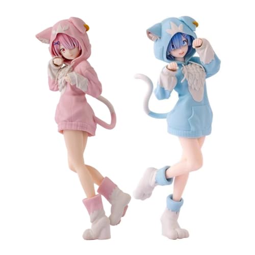 Insxuan Rem und Ram Figuren 21CM Katzenohren Rosa Blau Figur Anime Remu Ramu Modell Sammelobjekt Geschenk für Anime Liebhaber von Insxuan