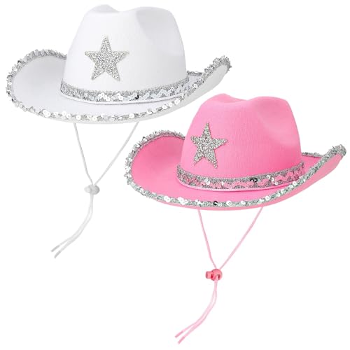 Invalidism Western-Cowboyhut für Damen, pelziger Cowgirl-Hut, verschiedene modische Cowboyhüte, Cowgirl-Party-Hut, klassische Western-Cowgirl-Kappe, Weiß / Rosa, 2 Packungen von Invalidism