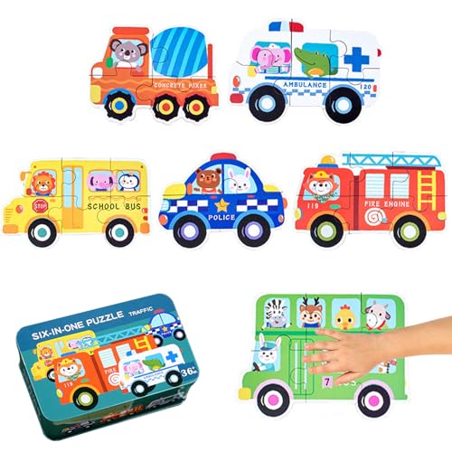 Kinderpuzzle, 6 Holzspielzeug Puzzle für Kinder, Auto Formpuzzles, Montessori Lernspielzeug, Fahrzeuge Jigsaw Set, Frühes Lernen Spielzeug Geschenk, für Jungen Mädchen ab 2 3 4 5 Jahren von Invasye