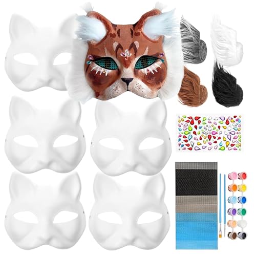 Iouyjiu 6 Pack Paintable Cat Face Covers, Customizable Costume Face Masks with Mesh Whiskers, Jeweled Stickers, and Animal Design for Halloween, Masquerade Parties, and Dress Up Events von Iouyjiu