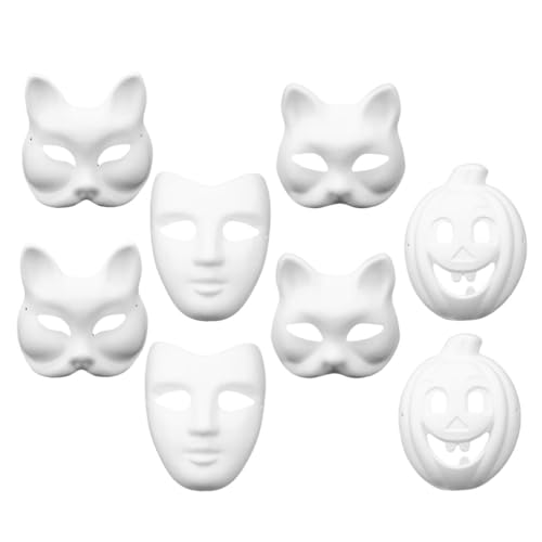 Ipetboom 8 Stück Weißes Papier Handbemalt Für Halloween Maskerade Kostüm Cosplay Zubehör Unbemalte Maske Papiermaske Diy-Maske (Je 2 V- Katze Fuchs Kürbis) von Ipetboom