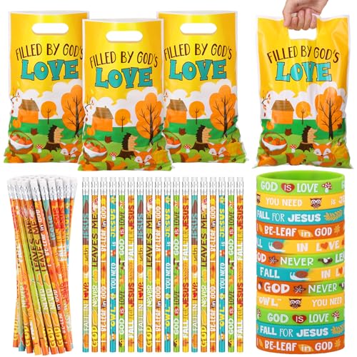 Ireer 60 Sets/180 Stück religiöse Partygeschenke, inklusive 60 gefüllten Geschenktüten von God's Love Goody Bags, 60 christliche Herbst-Bleistifte, 60 Bibelvers-Gummi-Armband für Kirche, Sonntag, von Ireer