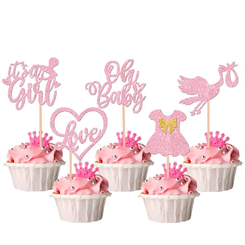 Irikdescia® 30 Stück Oh Baby Cupcake Topper, Taufe-Kuchendekoration, Geburtstagsparty-Zubehör, glitzernde Schleife, Kleid, Liebesherz, Kuchenspießer, für Taufe, Babyparty (Rosa) von Irikdescia