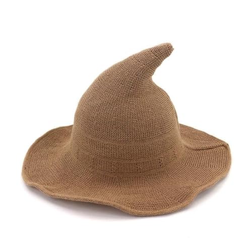 Irrun Witch Hat, Halloween Personality Wizard Hat, Peaked Woolen Hat with Large Brim, Kinitted-Wool Hats Adult Costume Party Accessory Masquerade Cosplay Cap (Khaki) von Irrun