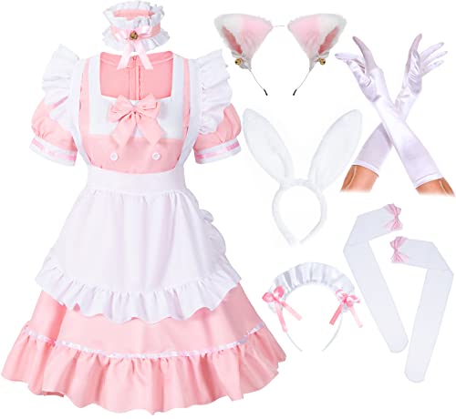 Anime Französische Mädchen Bunny Maid Sweet Kawaii Kostüm Cosplay Kleid Pelzige Katzenohren Handschuhe Socken Set, Pink, 3XL von Irtysh