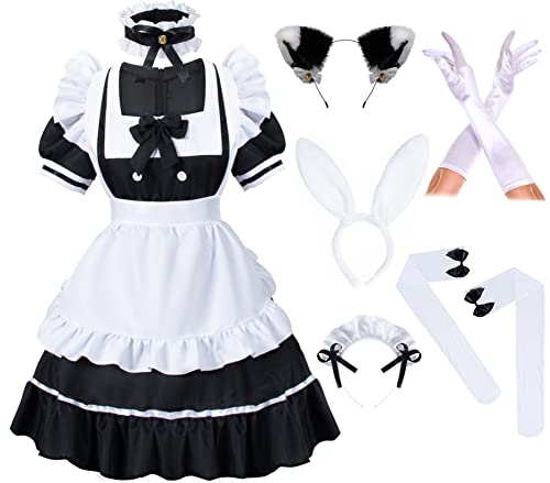 Anime Französische Mädchen Bunny Maid Sweet Kawaii Kostüm Cosplay Kleid Pelzige Katzenohren Handschuhe Socken Set, Schwarz, XL von Irtysh