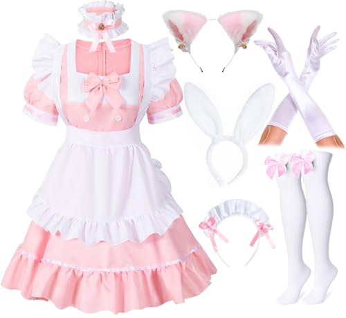 Anime French Girls Bunny Maid Sweet Kawaii Kostüm Cosplay Kleid Pelzige Katze Ohr Handschuhe Socken Set, rose, 4X-Large von Irtysh