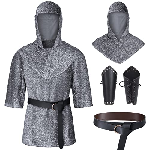 Renaissance Kunstkette Mail Rüstung Tunika Hemd Coif Mittelalter Ritter Cowl Kreuzritter Kostüm Outfit Hosenträger Taillengürtel Set, Silbergrau, L von Irtysh