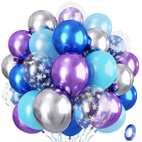 Luftballons Frozen Geburtstag Deko, Metallic Blau Silber Lila Hellblau Helium Ballons mit Schneeflocken Konfetti Latexballon für Mädchen Winter Wonderland Party Geburtstagsdeko Babyparty Dekoration von Isndare