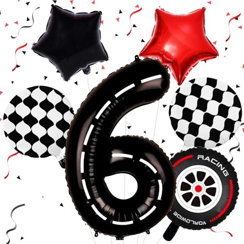 Rennauto Luftballons Geburtstag 6 Jahr Junge, Racing Folienballon 6. Geburtstag Deko, Zahl 6 Rennwagen Ballon, Kinder Junge Karierte Kindergeburtstag Racing Themen Party Rennparty von Isndare