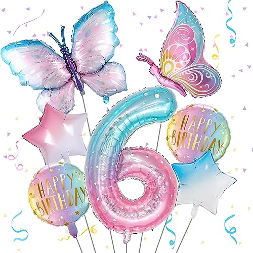 Schmetterling Folienballon 6 Jahre Geburtstag Deko, Bunt Schmetterlinge Geburtstagsdeko 6 Jahre Mädchen, Zahl 6 Luftballon Rosa, 6. Kinder Mädchen Geburtstag Schmetterling Themen Party von Isndare