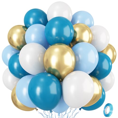 Türkis Blau Gold Ballon Set, 12 Zoll Luftballon Blaugrün Aqua Pastell Blau Metallic Gold Weiß Latexballons, Luftballon Blau Gold für Junge Taufe Geburtstag Babyparty Brautparty Hochzeit Party Deko von Isndare