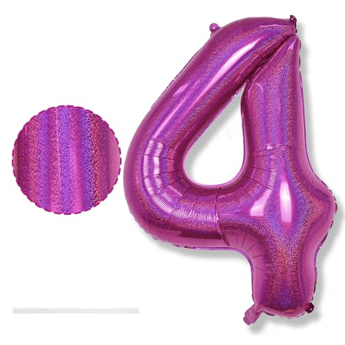 Riesen 4 Luftballons Zahl Laser Rosa, 40 Zoll Helium 4 Zahlenballon Folienballon 4 Jahre Geburtstagsdeko, XXL Zahlen 4 Ballons Laser Pink für Mädchen 4. Geburtstag Deko Frau Jubiläum Party Dekoration von Isndare