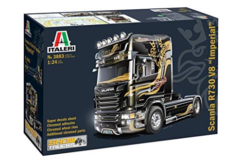 Italeri 553883 510003883 Scania R730 V8 Topline Imperial – hochdetaillierter Modellbausatz, inkl. Aufkleberbogen, unbemalt, Showtruck, 24,7 cm lang, Schwarz von Italeri