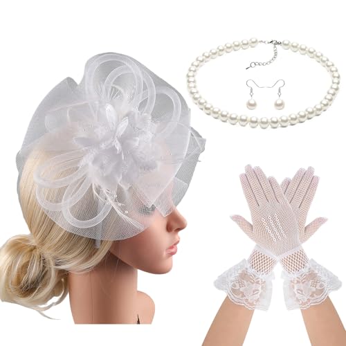 Itkcozcg Fascinator mit Spitze, Blume, Hut, Haarband, Halskette, Handschuhe für Cocktails, Veranstaltungen, Verkleidungen, Rollenspiele, Flapper-Kostüm Itkcozcg Fascinator mit Spitze, Blume, Hut, Haarband, Halskette, Handschuhe für Cocktails, Veranstaltungen, Verkleidungen, Rollenspiele, Flapper-Kostüm von Itkcozcg