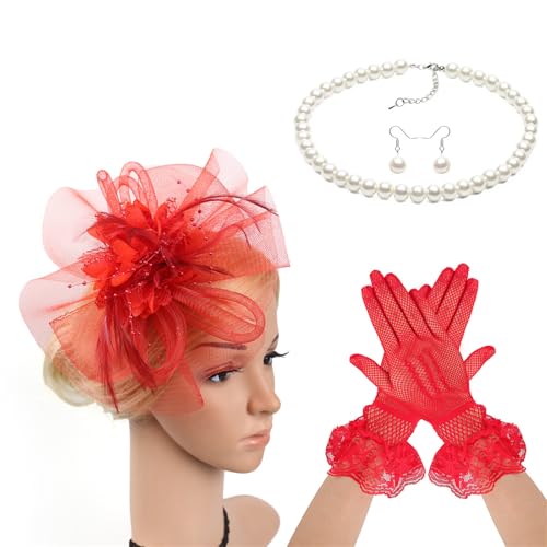 Itkcozcg Fascinator mit Spitze, Blume, Hut, Haarband, Halskette, Handschuhe für Cocktails, Veranstaltungen, Verkleidungen, Rollenspiele, Flapper-Kostüm Itkcozcg Fascinator mit Spitze, Blume, Hut, Haarband, Halskette, Handschuhe für Cocktails, Veranstaltungen, Verkleidungen, Rollenspiele, Flapper-Kostüm von Itkcozcg