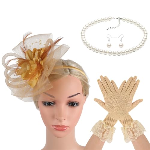 Itkcozcg Fascinator mit Spitze, Blume, Hut, Haarband, Halskette, Handschuhe für Cocktails, Veranstaltungen, Verkleidungen, Rollenspiele, Flapper-Kostüm Itkcozcg Fascinator mit Spitze, Blume, Hut, Haarband, Halskette, Handschuhe für Cocktails, Veranstaltungen, Verkleidungen, Rollenspiele, Flapper-Kostüm von Itkcozcg