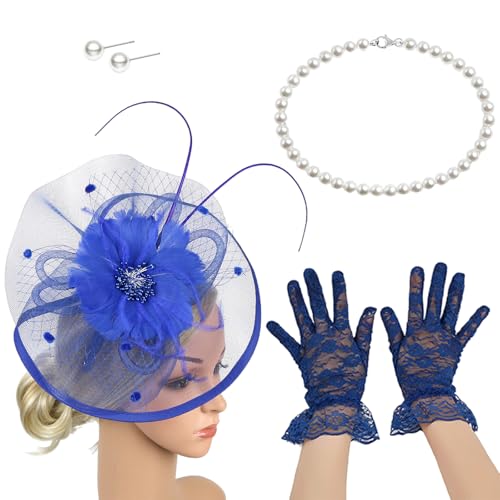 Itkcozcg Französischer Fascinator Hut mit Halskette, Handschuhen und Ohrsteckern, Kostüm-Set für Pferderennen und Halloween-Party Itkcozcg Französischer Fascinator Hut mit Halskette, Handschuhen und Ohrsteckern, Kostüm-Set für Pferderennen und Halloween-Party von Itkcozcg