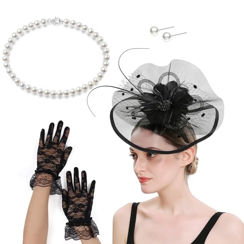 Itkcozcg Französischer Fascinator Hut mit Halskette, Handschuhen und Ohrsteckern, Kostüm-Set für Pferderennen und Halloween-Party Itkcozcg Französischer Fascinator Hut mit Halskette, Handschuhen und Ohrsteckern, Kostüm-Set für Pferderennen und Halloween-Party von Itkcozcg