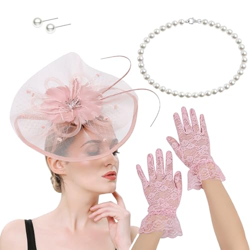 Itkcozcg Französischer Fascinator Hut mit Halskette, Handschuhen und Ohrsteckern, Kostüm-Set für Pferderennen und Halloween-Party Itkcozcg Französischer Fascinator Hut mit Halskette, Handschuhen und Ohrsteckern, Kostüm-Set für Pferderennen und Halloween-Party von Itkcozcg