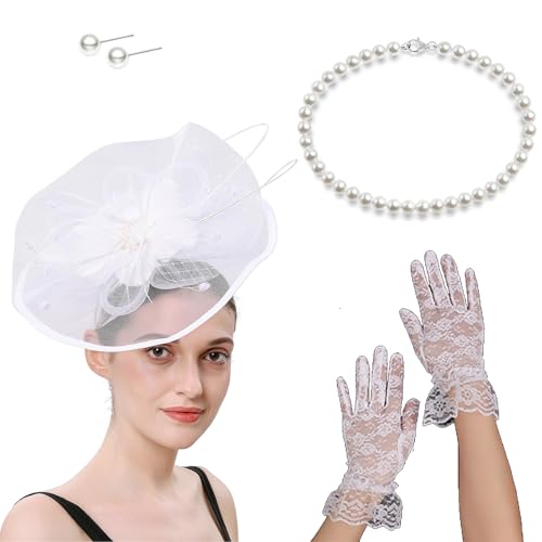 Itkcozcg Französischer Fascinator Hut mit Halskette, Handschuhen und Ohrsteckern, Kostüm-Set für Pferderennen und Halloween-Party Itkcozcg Französischer Fascinator Hut mit Halskette, Handschuhen und Ohrsteckern, Kostüm-Set für Pferderennen und Halloween-Party von Itkcozcg
