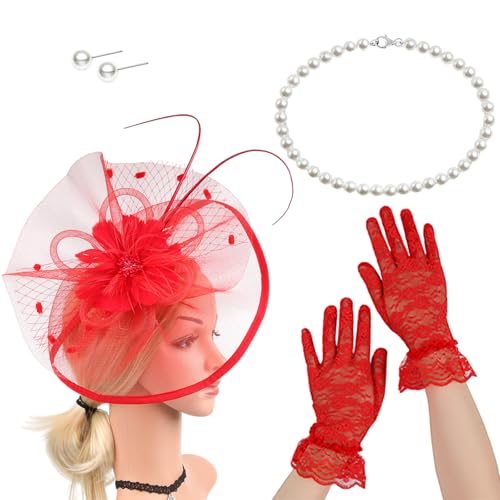 Itkcozcg Französischer Fascinator Hut mit Halskette, Handschuhen und Ohrsteckern, Kostüm-Set für Pferderennen und Halloween-Party Itkcozcg Französischer Fascinator Hut mit Halskette, Handschuhen und Ohrsteckern, Kostüm-Set für Pferderennen und Halloween-Party von Itkcozcg