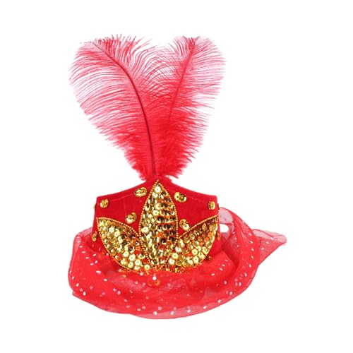 Itkcozcg Modische Hüte, exotischer Fascinator, festliche Kopfbedeckung mit goldenen Pailletten, Schleier, Juwelen-Kopfbedeckung, einzigartiger Kopfschmuck, rot, XS-XXL von Itkcozcg