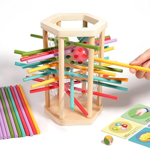 Ixydor Montessori Spiel Brettspiel aus Holz, Lernspiele ab 3 Jahre, Familienspiele mit 35 Bunten Stäben, Würfeln und Karten, Feinmotorik Spiele, Reisespiel, Geschenk für Kinder ab 3 4 5 6 Jahre von Ixydor