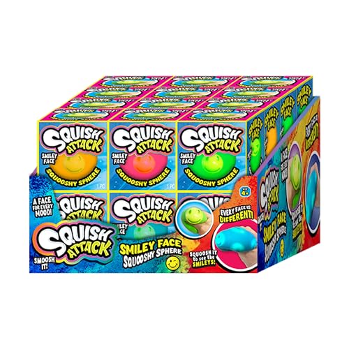 JA-RU Squish Attack Ball (24 Einheiten sortiert) Squooshy Kugel mit 6 verschiedenen Smiley-Gesichtern Fidget Squishy Spielzeug für Kinder Teenager Erwachsene Weiche Stresstherapie Squish Stretch Party von JA-RU