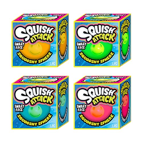 JA-RU Squish Attack Ball (4 Einheiten sortiert) Squooshy Kugel mit 6 verschiedenen Smiley-Gesichtern Fidget Squishy Spielzeug für Kinder Teenager Erwachsene Weiche Stresstherapie Squish Stretch Party von JA-RU