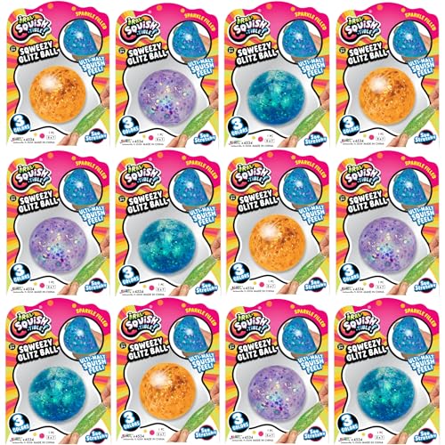 JA-RU Sqweezy Glitz Ball (12 Bälle sortiert) Sparkle Gefüllte Squishy Spielzeug für Jungen Mädchen Stretch Ultra Squish Feel Fidget für Kind Teenager Erwachsene Unwiderstehliche sensorische Entlastung von JA-RU