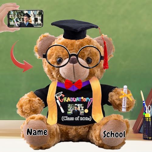 Graduationbär Personalisierte Graduation Geschenke mit Text+Foto, Teddybär mit Brille und Abschlussschal als Schulabschluss Geschenk für Ihn 2024 Oberschule Graduation 2024 (20 cm-Text+Foto) von JABECODIFA