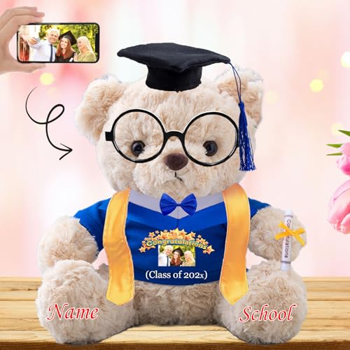 Graduationbär Personalisierte Graduation Geschenke mit Text+Foto, Teddybär mit Brille und Abschlussschal als Schulabschluss Geschenk für Ihn 2024 Oberschule Graduation 2024 (20-cm-Text+Foto) von JABECODIFA