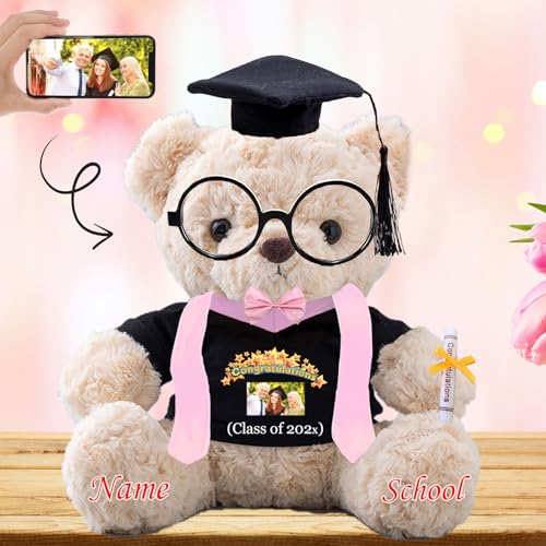 Graduationbär Personalisierte Graduation Geschenke mit Text+Foto, Teddybär mit Brille und Abschlussschal als Schulabschluss Geschenk für Ihn 2024 Oberschule Graduation 2024 (20-cm-Text+Foto) von JABECODIFA