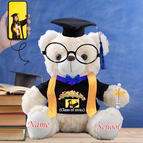 Graduationbär Personalisierte Graduation Geschenke mit Text+Foto, Teddybär mit Brille und Abschlussschal als Schulabschluss Geschenk für Ihn 2025 Oberschule Graduation 2025 (20cm--Text+Foto) von JABECODIFA