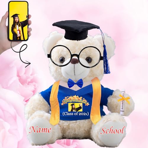 Graduationbär Personalisierte Graduation Geschenke mit Text+Foto, Teddybär mit Brille und Abschlussschal als Schulabschluss Geschenk für Ihn 2024 Oberschule Graduation 2024 (20cm--Text+Foto) von JABECODIFA