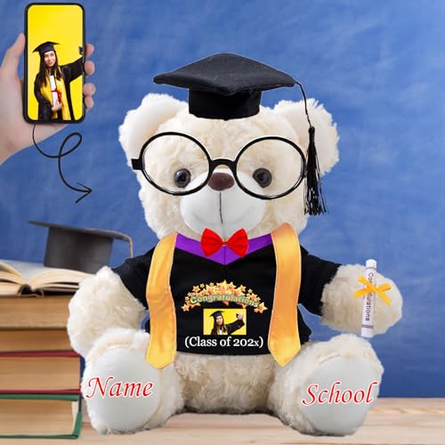 Graduationbär Personalisierte Graduation Geschenke mit Text+Foto, Teddybär mit Brille und Abschlussschal als Schulabschluss Geschenk für Ihn 2024 Oberschule Graduation 2024 (25cm--Text+Foto) von JABECODIFA