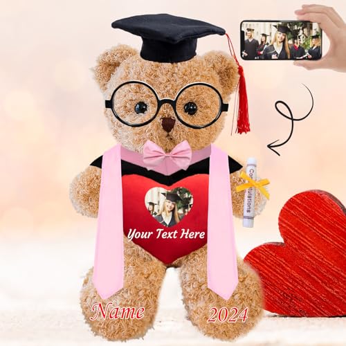 Graduationbär Personalisierte Graduation Geschenke mit Text+Foto, Teddybär mit Brille und Abschlussschal als Schulabschluss Geschenk für Ihn 2024 Oberschule Graduation 2024 (25cm-Text+Foto) von JABECODIFA