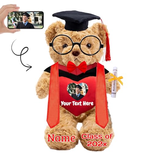 Graduationbär Personalisierte Graduation Geschenke mit Text+Foto, Teddybär mit Brille und Abschlussschal als Schulabschluss Geschenk für Ihn 2024 Oberschule Graduation 2024 (26cm-Text+Foto) von JABECODIFA