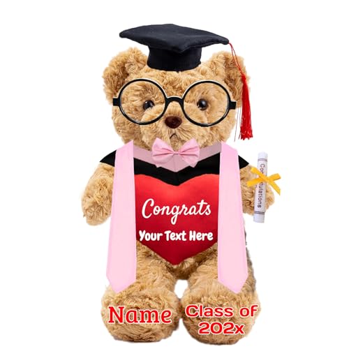 Graduationbär Personalisierte mit Brille und Abschlussschal 2024 Graduation Geschenke mit Text, Teddybär Plüschtier Schulabschluss Geschenk für Ihn 2024 Hochschule Graduation Geschenke (32cm-Text) von JABECODIFA