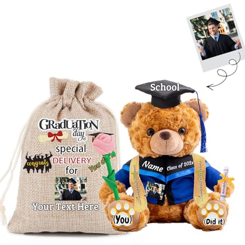 JABECODIFA 2024 Abschluss-Teddybär mit Rose & Geschenktüte, Graduationbär Personalisierte als Abschlussgeschenk 2024 für Sie Ihn als Hochschule Abschlussgeschenk für Mädchen/Jungen (20cm-Text+Foto) von JABECODIFA