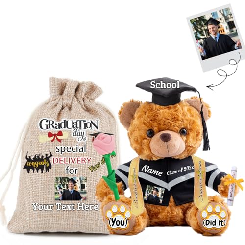 JABECODIFA 2024 Abschluss-Teddybär mit Rose & Geschenktüte, Graduationbär Personalisierte als Abschlussgeschenk 2024 für Sie Ihn als Hochschule Abschlussgeschenk für Mädchen/Jungen (20cm-Text+Foto) von JABECODIFA