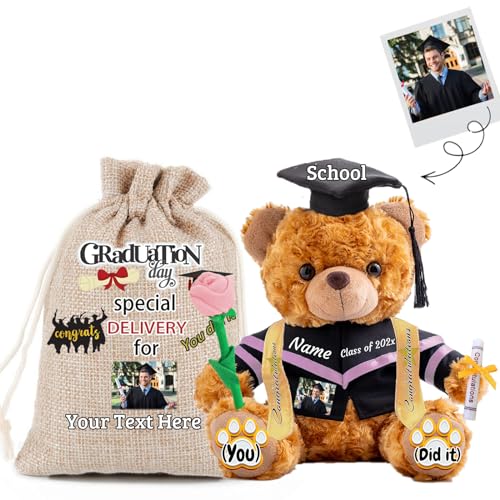 JABECODIFA 2024 Abschluss-Teddybär mit Rose & Geschenktüte, Graduationbär Personalisierte als Abschlussgeschenk 2024 für Sie Ihn als Hochschule Abschlussgeschenk für Mädchen/Jungen (25cm-Text+Foto) von JABECODIFA