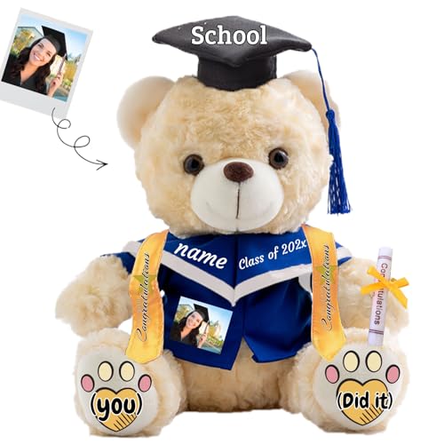 JABECODIFA Abschlussbär Klasse 2024 Personalisiertes Abschlussgeschenk für Kinder Teddybär mit Text+Foto als Abschlussgeschenke 2024 (25cm-Text+Foto) von JABECODIFA