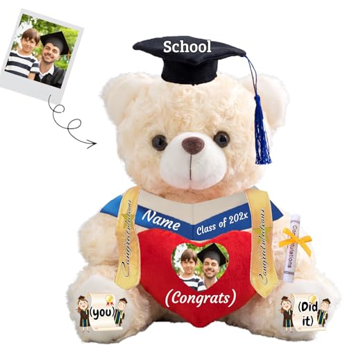 JABECODIFA Graduationbär Personalisierte Graduation Geschenke mit Text+Foto, Teddybär mit Herz als Schulabschluss Geschenk für Ihn 2024 Oberschule Graduation 2024 (25cm-Text+Foto) von JABECODIFA