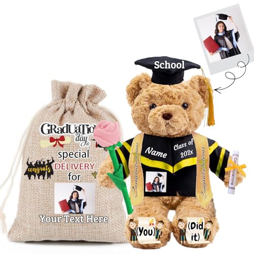 JABECODIFA Graduationbär Personalisierte mit Rose & Geschenktüte als 2024 Abschlussgeschenke für Sie, Abschluss-Teddybär Plüschtier für Ihn als Oberschule Abschlussgeschenk 2024 (26cm-Text+Foto) von JABECODIFA