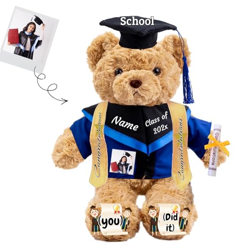 JABECODIFA Graduationbär Personalisierte mit Text+Foto als 2024 Abschlussgeschenke für Sie, Abschluss-Teddybär Plüschtier für Ihn als Oberschule Abschlussgeschenk 2024 (32cm-Text+Foto) von JABECODIFA