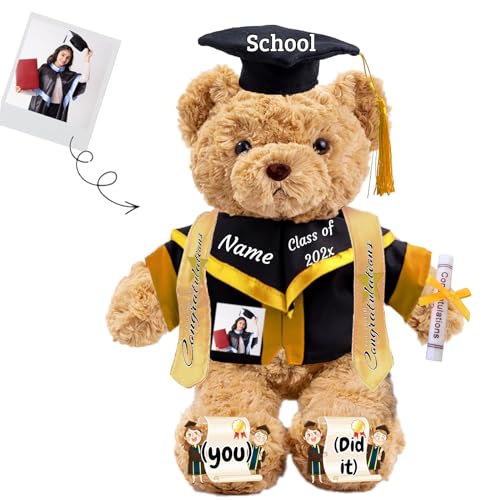 JABECODIFA Graduationbär Personalisierte mit Text+Foto als 2024 Abschlussgeschenke für Sie, Abschluss-Teddybär Plüschtier für Ihn als Oberschule Abschlussgeschenk 2024 (32cm-Text+Foto) von JABECODIFA