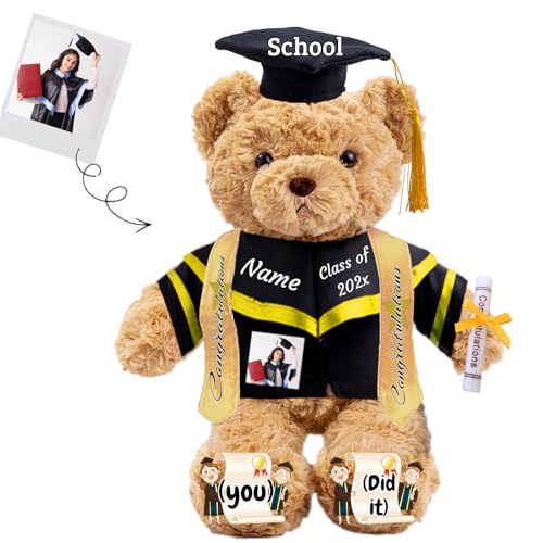 JABECODIFA Graduationbär Personalisierte mit Text+Foto als 2024 Abschlussgeschenke für Sie, Abschluss-Teddybär Plüschtier für Ihn als Oberschule Abschlussgeschenk 2024 (32cm-Text+Foto) von JABECODIFA