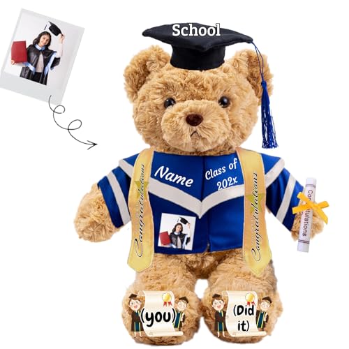 JABECODIFA Graduationbär Personalisierte mit Text+Foto als 2024 Abschlussgeschenke für Sie, Abschluss-Teddybär Plüschtier für Ihn als Oberschule Abschlussgeschenk 2024 (32cm-Text+Foto) von JABECODIFA